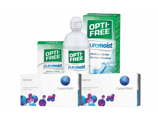 Biofinity® (6 + 6 лещи) + Разтвор Opti-Free Pure Moist 300 ml + 90 ml Пакет с Biofinity