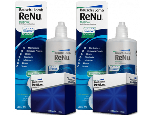 PureVision® (6 + 6 лещи) + 2 Разтвора Renu Multiplus 360 ml + 60 ml Пакет с Pure Vision