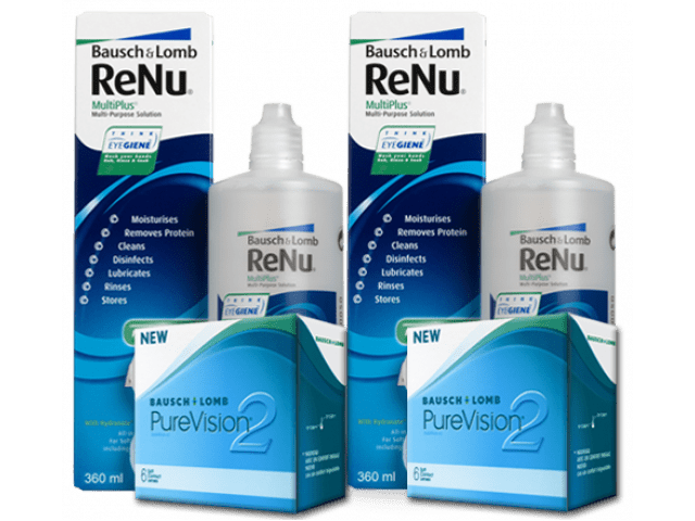PureVision® 2 HD (6 + 6 лещи) + 2 Разтворa Renu 360 ml + 60 ml Пакет с Pure Vision 2