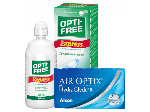 Air Optix® HydraGlyde® (2 лещи) + Разтвор Opti-Free Express 355 ml Пакет с Air Optix plus HydraGlyde