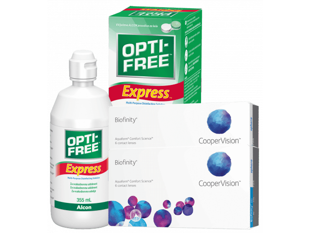 Biofinity® (6 + 6 лещи) + Разтвор Opti-Free Express 355ml Пакет с Biofinity