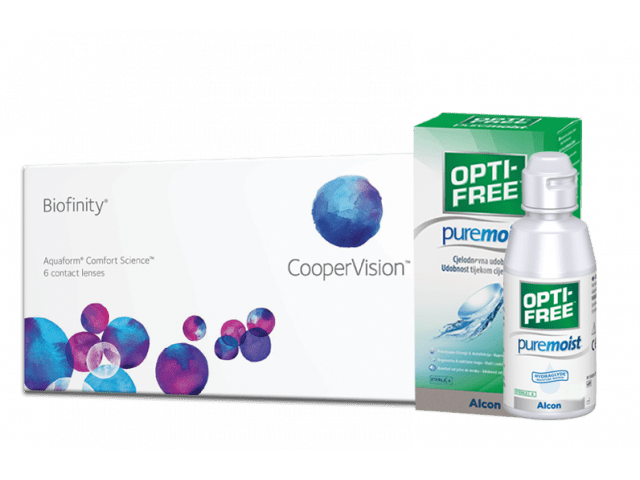 Biofinity® (6 лещи) + Подарък разтвор Opti-Free Pure Moist 60 ml с контейнер месечни контактни лещи