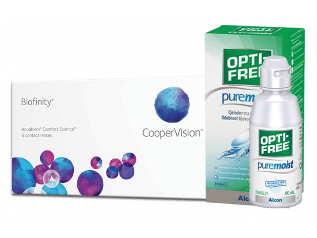 Biofinity® (6 лещи) + Подарък разтвор Opti-Free Pure Moist 90 ml с контейнер месечни контактни лещи