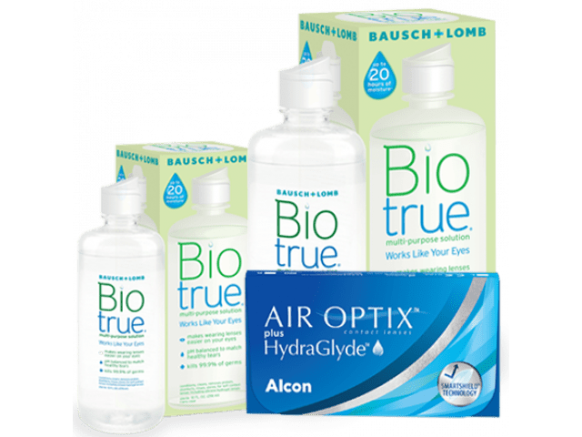 Air Optix® HydraGlyde® (2 лещи) + Разтвор BioTrue 360 ml + 60 ml Пакет с Air Optix plus HydraGlyde