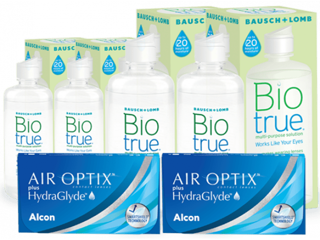 Air Optix® HydraGlyde® (6 + 6 лещи) + 2 Разтворa BioTrue 360+60 ml Пакети с Air Optix plus HydraGlyde