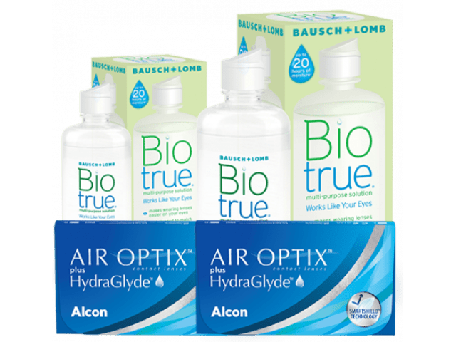 Air Optix® HydraGlyde® (6 + 6 лещи) + Разтвор BioTrue 360+60 ml Пакети с Air Optix plus HydraGlyde