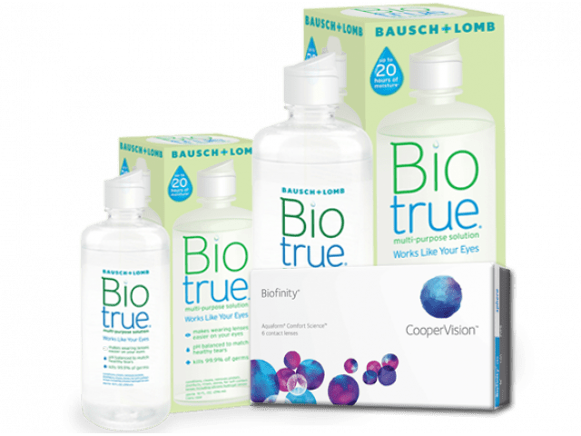 Biofinity® (3 + 3 лещи) + Разтвор BioTrue 360 ml + 60 ml Пакети с Biofinity