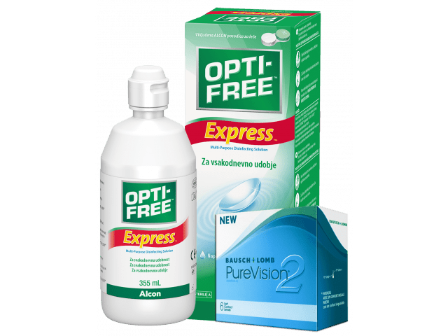 PureVision® 2 HD (3 + 3 лещи) + Разтвор Opti-Free Express 355 ml Пакет с Pure Vision 2