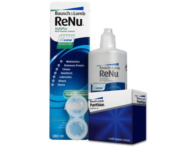 PureVision® (3 + 3 лещи) + Разтвор Renu Multiplus 360 ml + 60 ml Пакет с Pure Vision