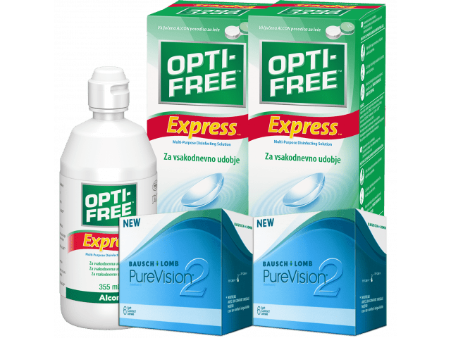 PureVision® 2 HD (6 + 6 лещи) + 2 Разтвора Opti-Free Express 355 ml Пакет с Pure Vision 2