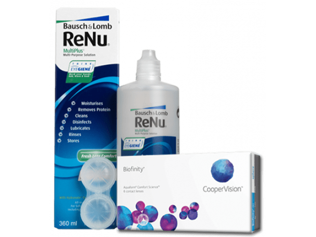 Biofinity® (3 + 3 лещи) + Разтвор Renu MultiPlus 360 ml + 60 ml Пакет с Biofinity