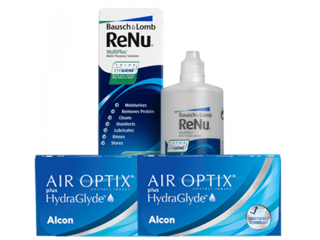 Air Optix® HydraGlyde® (6 + 6 лещи) + Разтвор Renu MultiPlus 360 ml + 60 ml Пакет с Air Optix plus HydraGlyde