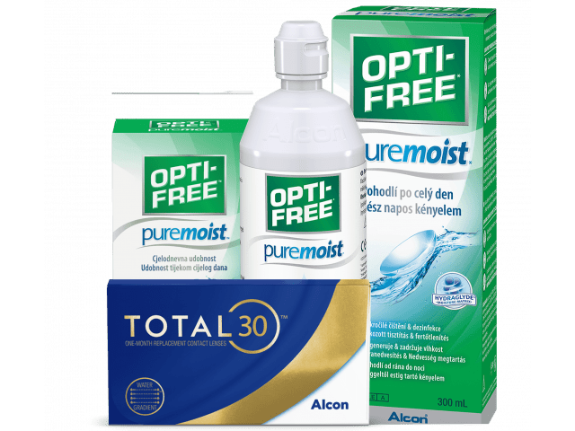 TOTAL30® (4 + 4 лещи) + Разтвор Opti-Free Pure Moist 300 ml + 60 ml и Подарък - Несесер TOTAL30 Пакет с TOTAL 30