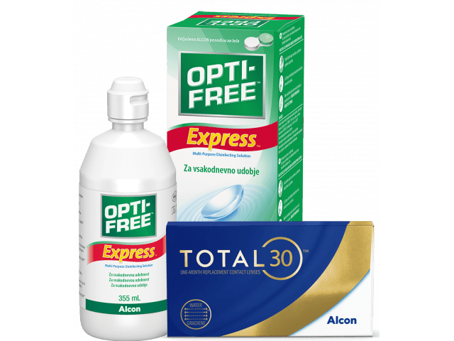 TOTAL30® (8 лещи) + Разтвор Opti-Free Express 355 ml и Подарък - Несесер TOTAL30 Пакет с TOTAL 30