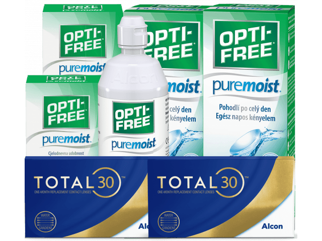 TOTAL30® (8 + 8 лещи) + 2 Разтворa Opti-Free Pure Moist 300 + 60 ml и Подарък - 2 Несесера TOTAL30 Пакет с TOTAL 30