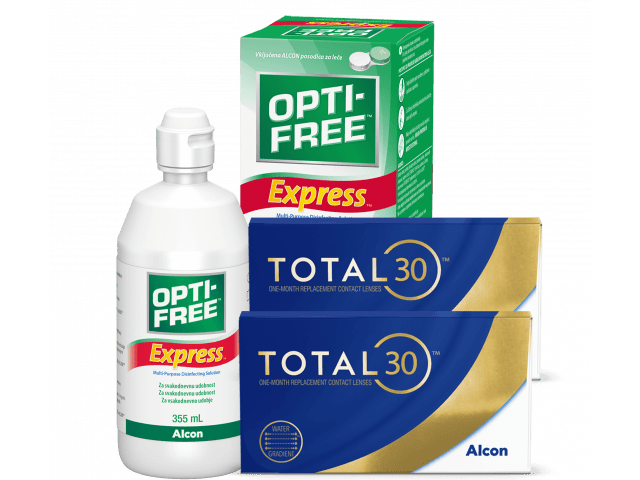 TOTAL30® (8 + 8 лещи) + Разтвор Opti-Free Express 355 ml и Подарък - 2 Несесера TOTAL30 Пакет с TOTAL 30