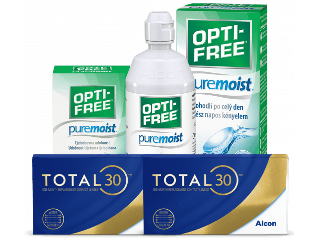 TOTAL30® (8 + 8 лещи) + Разтвор Opti-Free Pure Moist 300 ml + 60 ml и Подарък - 2 Несесера TOTAL30 Пакет с TOTAL 30