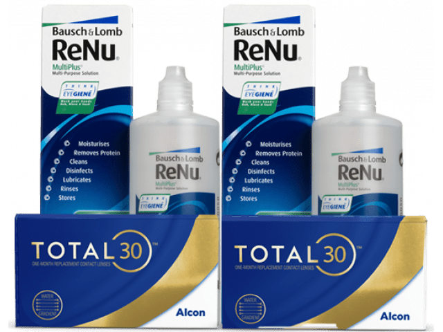 TOTAL30® (6 + 6 лещи) + 2 Разтворa Renu 360 ml + 60 ml и Подарък - 2 Несесера TOTAL30 Пакет с TOTAL 30