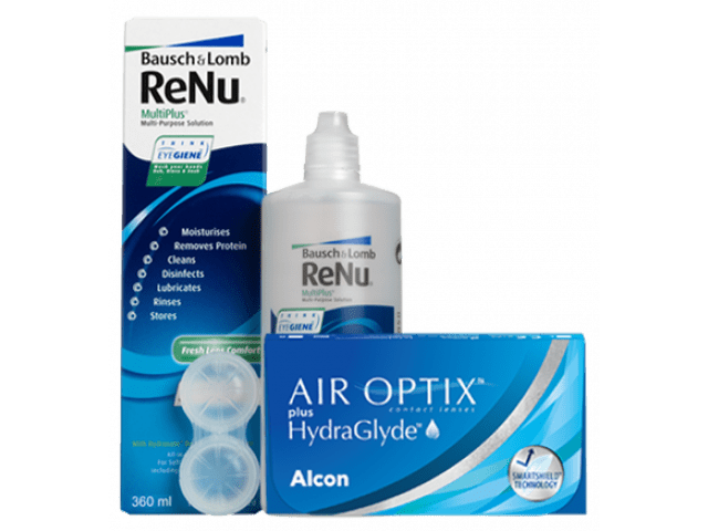 Air Optix® HydraGlyde® (2 лещи) + Разтвор Renu MultiPlus 360 ml +60 ml Пакет с Air Optix plus HydraGlyde