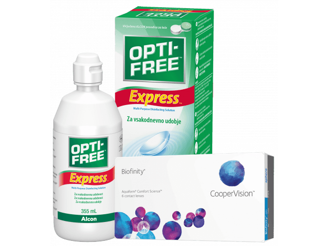 Biofinity® (3 + 3 лещи) + Разтвор Opti-Free Express 355ml Пакети с Biofinity