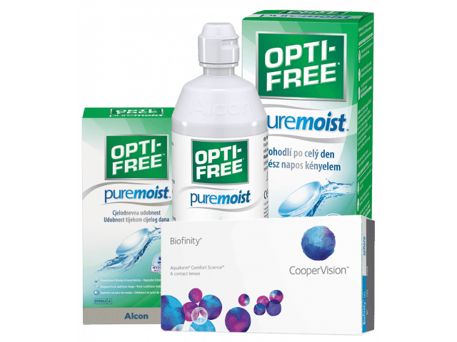 Biofinity® (3 + 3 лещи) + Разтвор Opti-Free Pure Moist 300 ml + 60 ml Пакет с Biofinity