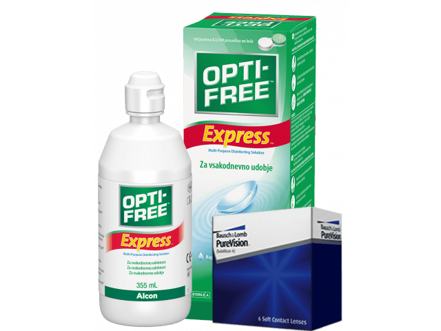PureVision® (3 + 3 лещи) + Разтвор Opti-Free Express 355 ml Пакет с Pure Vision