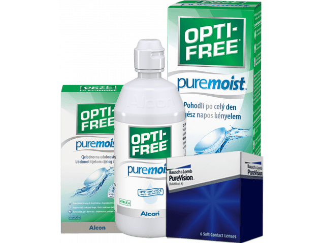 PureVision® (3 + 3 лещи) + Разтвор Opti-Free Pure Moist 300 ml + 60 ml Пакет с Pure Vision