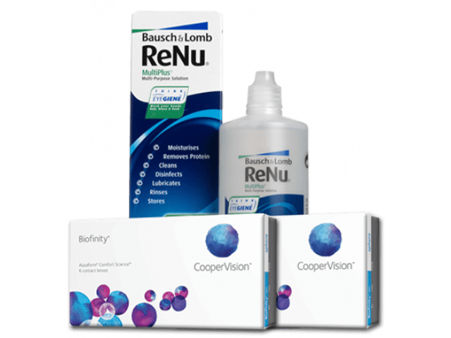 Biofinity® (6 + 6 лещи) + Разтвор Renu MultiPlus 360 ml + 60 ml Пакет с Biofinity
