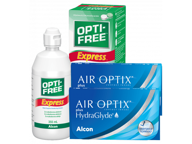 Air Optix® HydraGlyde® (6 + 6 лещи) + Разтвор Opti-Free Express 355 ml Пакети с Air Optix plus HydraGlyde