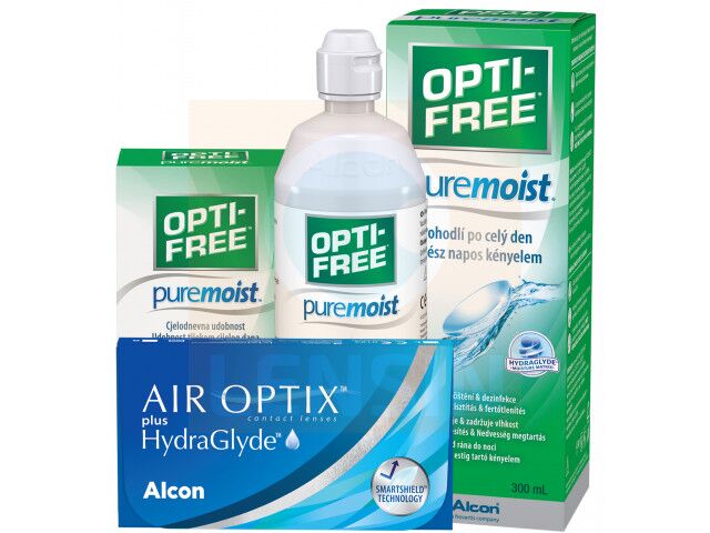 Air Optix® HydraGlyde® (3 + 3 лещи) + Разтвор Opti-Free Pure Moist 300 ml + 60 ml Пакет с Air Optix plus HydraGlyde
