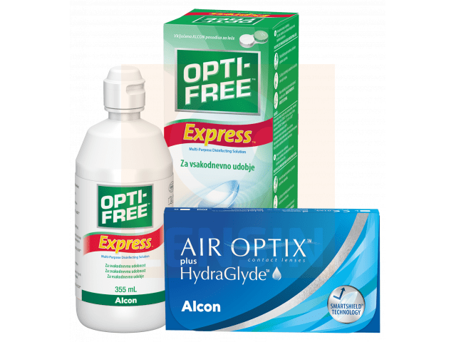 Air Optix® HydraGlyde® (3 + 3 лещи) + Разтвор Opti-Free Express 355 ml Пакет с Air Optix plus HydraGlyde