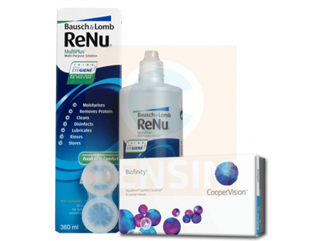 Biofinity® (2 лещи) + Разтвор Renu MultiPlus 360 ml + 60 ml Пакет с Biofinity